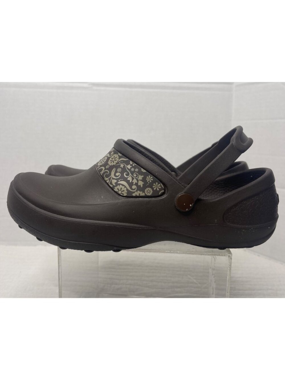 Crocs Mercy Work Brown Floral Pattern Slip-On Clogs Women SZ 10 Comfortable - Picture 3 of 8